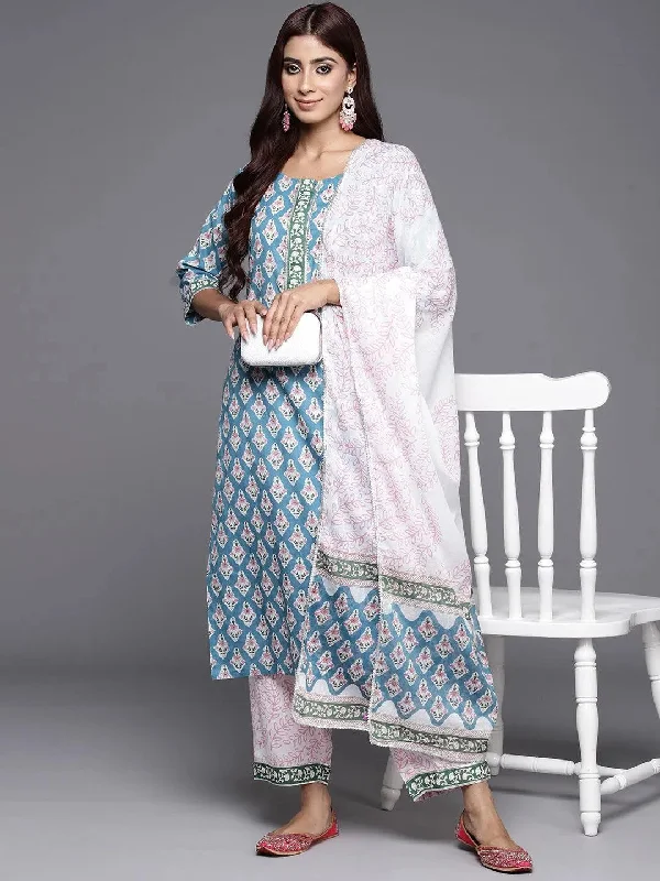 Women's Jumpsuits with U-Shaped CollarBlue Printed Cotton Straight Kurta With Trousers & Dupatta