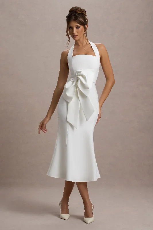 Women's Mandarin-Neck DressesAman | White Halter-Neck Midi Dress With Oversized Bow