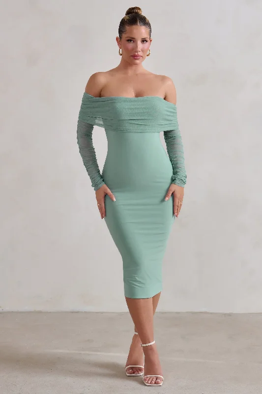 Women's Pencil DressesOnly You | Sage Ruched Mesh Bardot Midi Dress