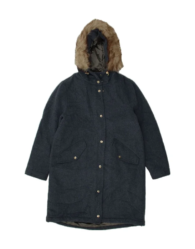 Women's Coats with Fur TrimMASSIMO DUTTI Womens Hooded Parka Jacket UK 10 Small Blue Wool