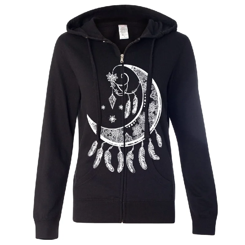 Women's Hooded Sweatshirts with Tie-Dye LiningCrescent Moon Dreamcatcher White Ladies Lightweight Fitted Zip-Up Hoodie