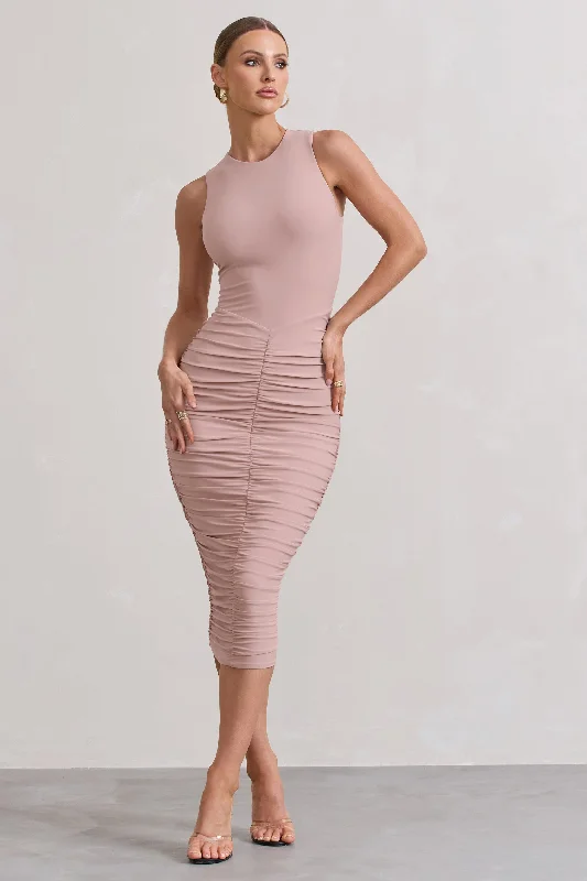 Women's U-Shaped Collar DressesAntonia | Champagne Sleeveless Ruched Bodycon Midi Dress