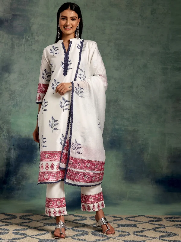 Women's Jumpsuits with Long LengthWhite Printed Chanderi Silk Straight Suit With Dupatta