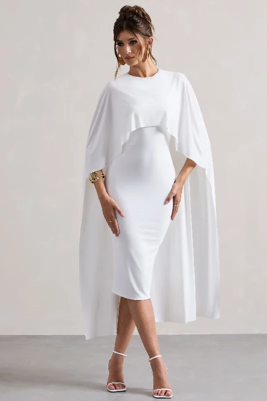 Women's High Collar DressesVana | White Draped Midi Dress With Cape Sleeves