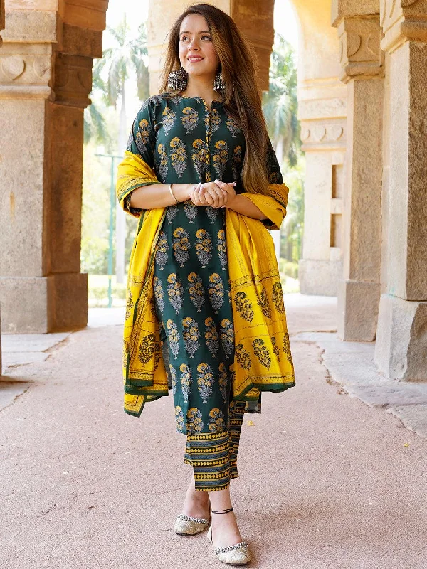 Women's Short-Sleeve JumpsuitsGreen Printed Silk Blend Straight Suit With Dupatta