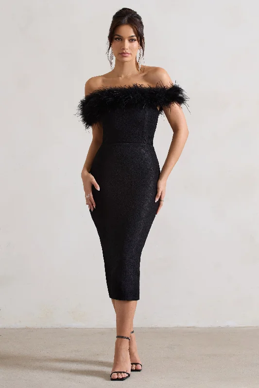 Women's Keyhole-Neck DressesMaiden | Black Lace Bardot Midi Dress With Feather Trim