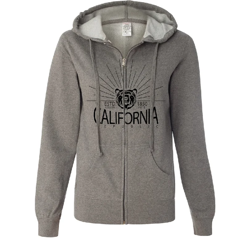 Women's Hooded Sweatshirts with Stretch WaistCalifornia Golden State Black Print Ladies Lightweight Fitted Zip-Up Hoodie