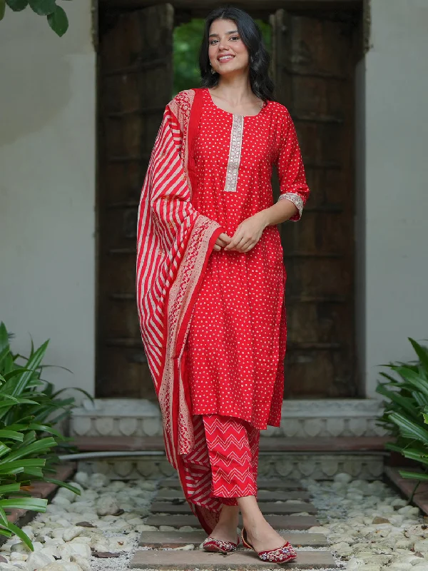 Women's Jumpsuits with Low CollarRed Printed Silk Blend Straight Suit With Dupatta