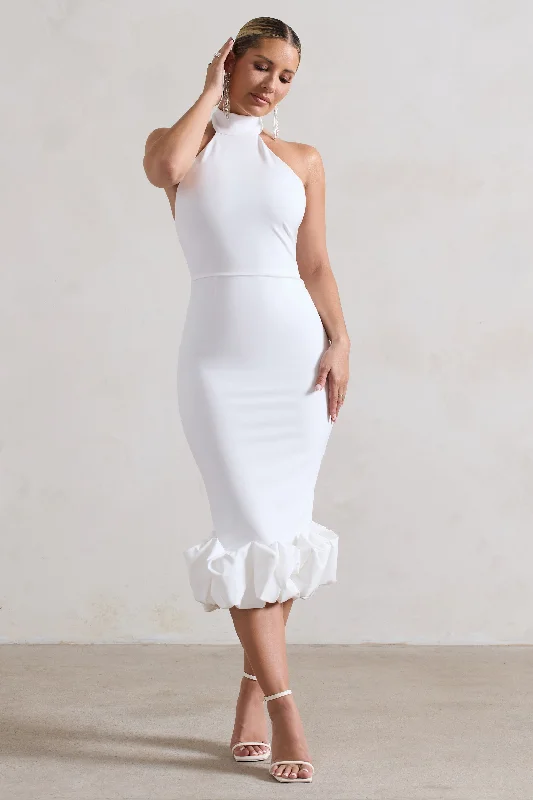 Women's Fit and Flare DressesAshton | White High-Neck Midi Dress With Ruffle Hem