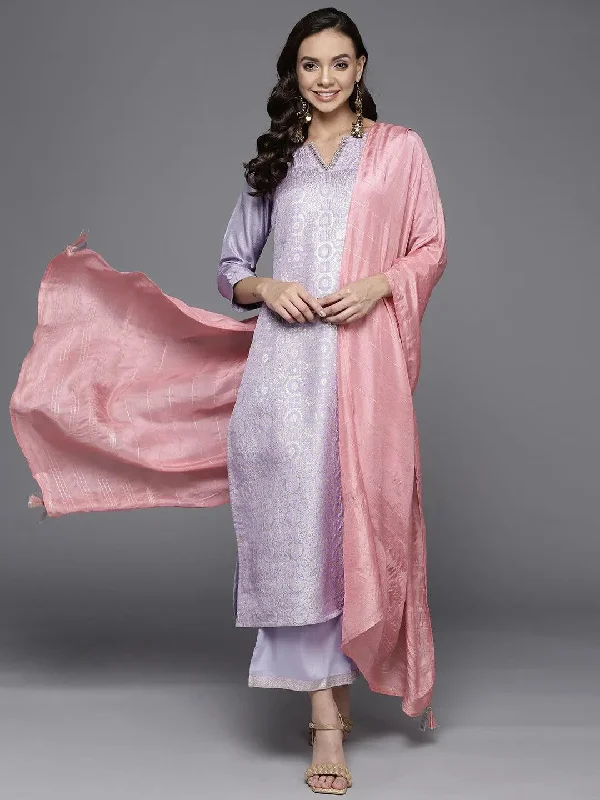 Women's Jumpsuits with Peter Pan CollarLavender Woven Design Silk Blend Straight Kurta With Palazzos & Dupatta