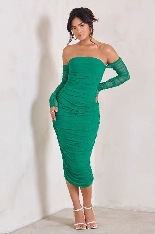 Women's U-Shaped-Neck DressesSorella | Green Ruched Mesh Bardot Midi Dress