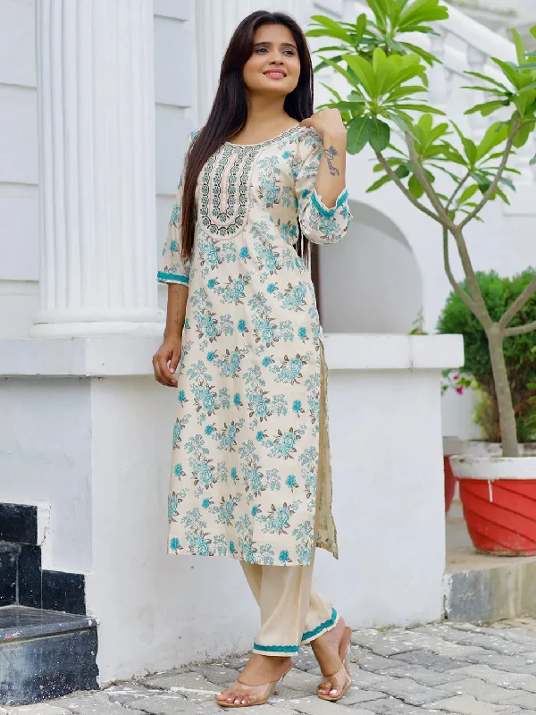 Women's Jumpsuits with Sweetheart NeckBeige Printed Chanderi Silk Straight Kurta Set