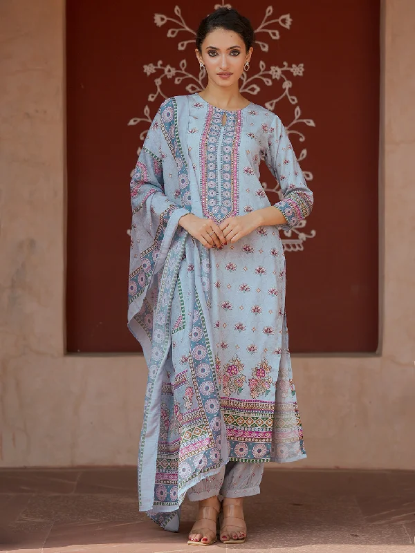 Women's JumpsuitsBlue Printed Poly Crepe Straight Suit With Dupatta