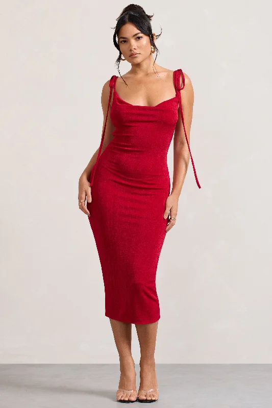 Women's High Collar DressesIrina | Red Cowl-Neck Bodycon Midi Dress