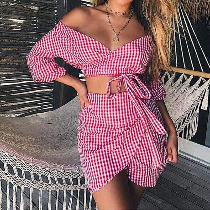 Women's Chic SkirtsFashionSierra - Women 2 Piece Plaid Crop Top Bodycon Skirt Summer Beach Party Mini Dress