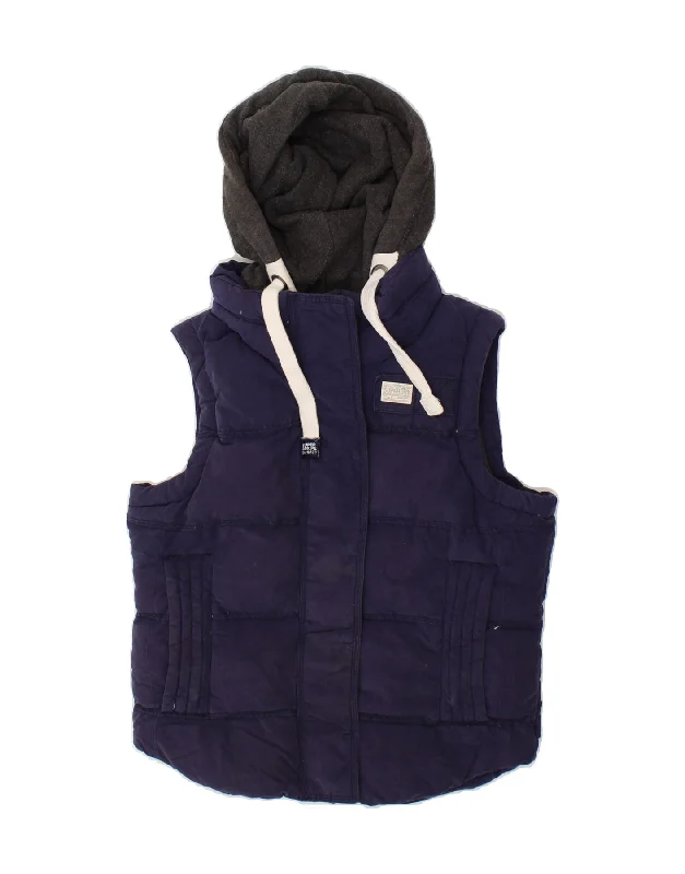 Women's Coats with Fur Trimmed HoodSUPERDRY Womens Hooded Padded Gilet UK 6 XS Navy Blue Cotton