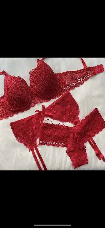 lace trim bra for weddingsSet rojo / liguero