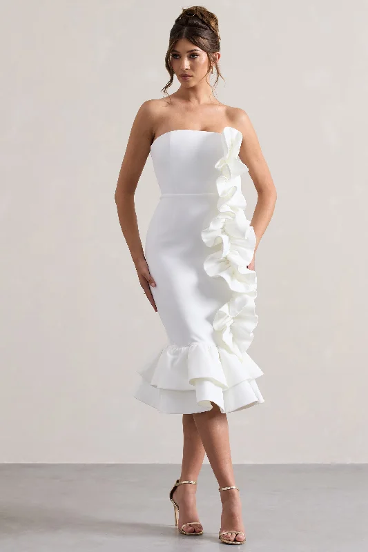 Women's Shift DressesConcept | Cream Bandeau Ruffle Midi Dress