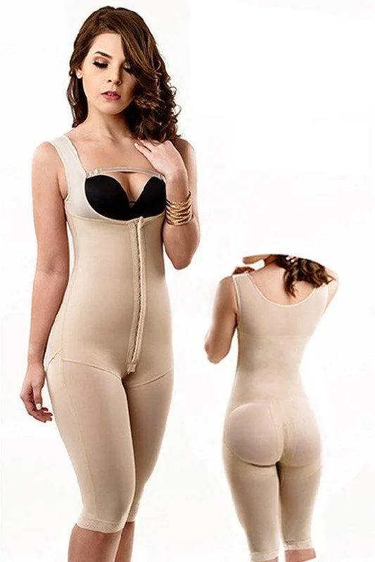 full-body suit with long legs for full coverageKnee Length Full Body Slimmer with Shoulder and Chest Straps