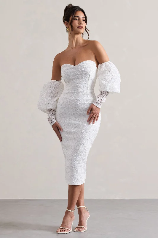 Women's High Collar DressesMary | White Lace Bardot Puff-Sleeve Midi Dress