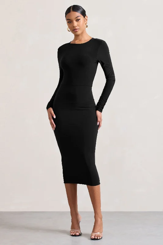 Women's Wide-Neck DressesDynasty Darling | Black Cowl-Back Long-Sleeved Bodycon Midi Dress