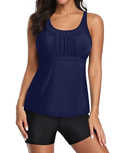 Criss Cross Detail Two Piece Tankini Bathing Suits For Women-Navy Blue