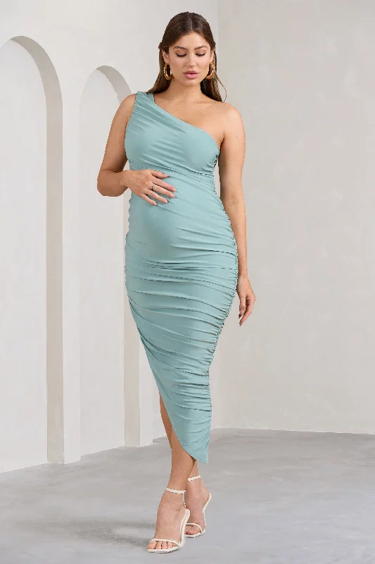 Women's Racerback DressesLate Night | Mint Green Maternity Ruched One Shoulder Midi Dress