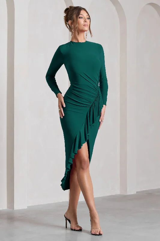 Women's Strapless DressesDolce Vita | Bottle Green Long-Sleeve Ruffle Asymmetric Split Midi Dress