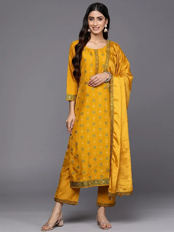 Women's Jumpsuits with Low CollarMustard Self Design Silk Blend Straight Kurta With Trousers & Dupatta