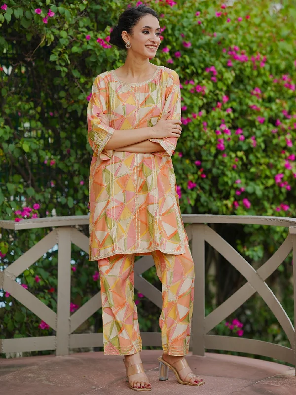 Women's Jumpsuits with Shirt CollarPeach Printed Silk Blend Co-Ords