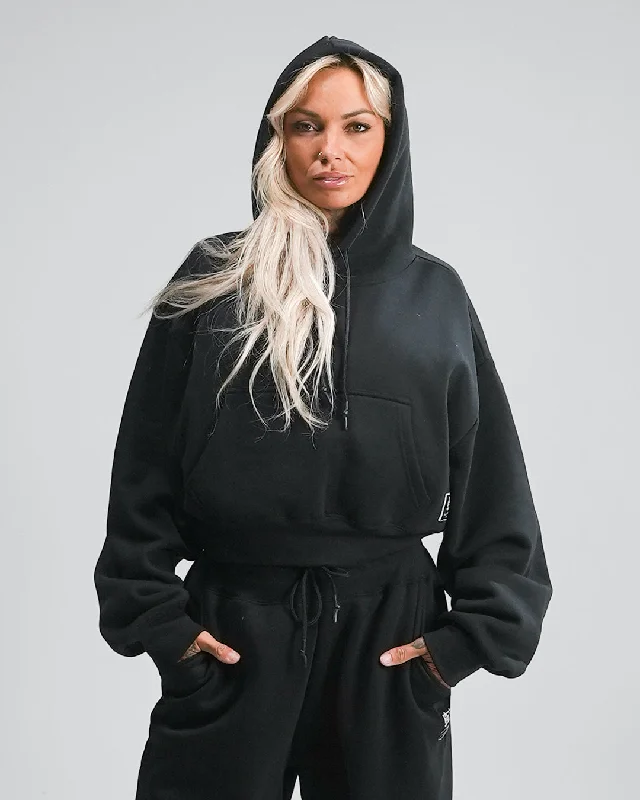 Women's Hooded Sweatshirts with Moisture-Wicking FabricWOMENS OVERSIZED CROP HOODIE - BLACK