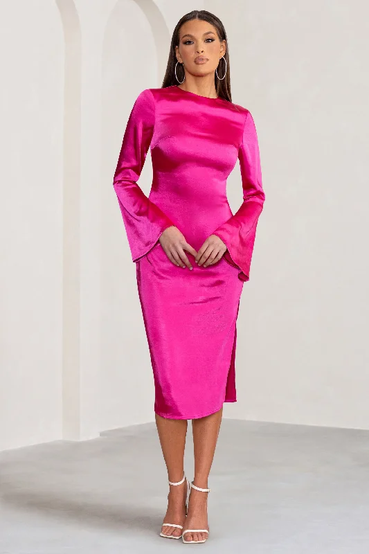 Women's High-Low DressesZaina | Hot Pink Long Sleeve Midi Dress with High Neckline