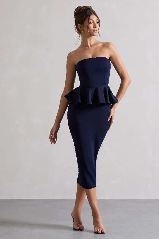 Women's V-Neck DressesChicago | Navy Bodycon Bandeau Midi Dress With Peplum Detail