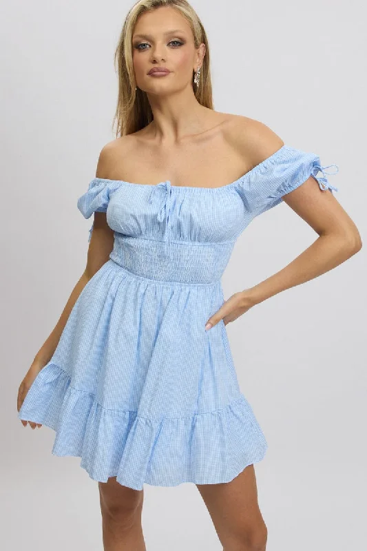 Women's Sweetheart Collar DressesBlue Check Fit And Flare Dress Puff Sleeve Mini