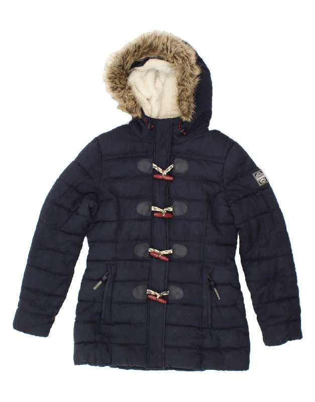 Women's PeacoatsSUPERDRY Womens Hooded Padded Jacket UK 12 Medium Navy Blue Polyester