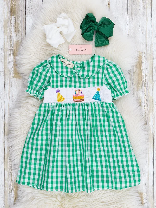 Women's Keyhole Collar DressesGreen Gingham Party Time Smocked Dress