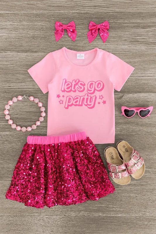 Women's High Collar Dresses"Let's Go Party" Pink Sequin Skirt Set