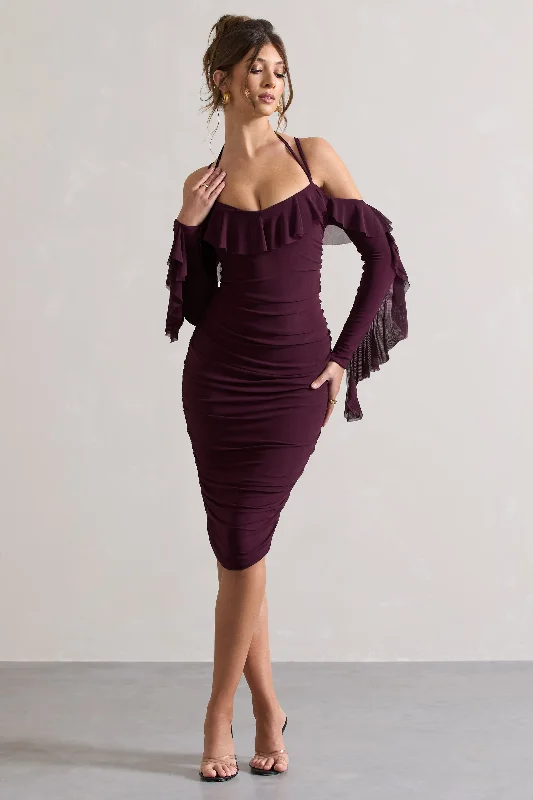 Women's One-Shoulder DressesQuinn | Dark Cherry Ruched Strappy Long-Sleeved Midi Dress With Ruffles