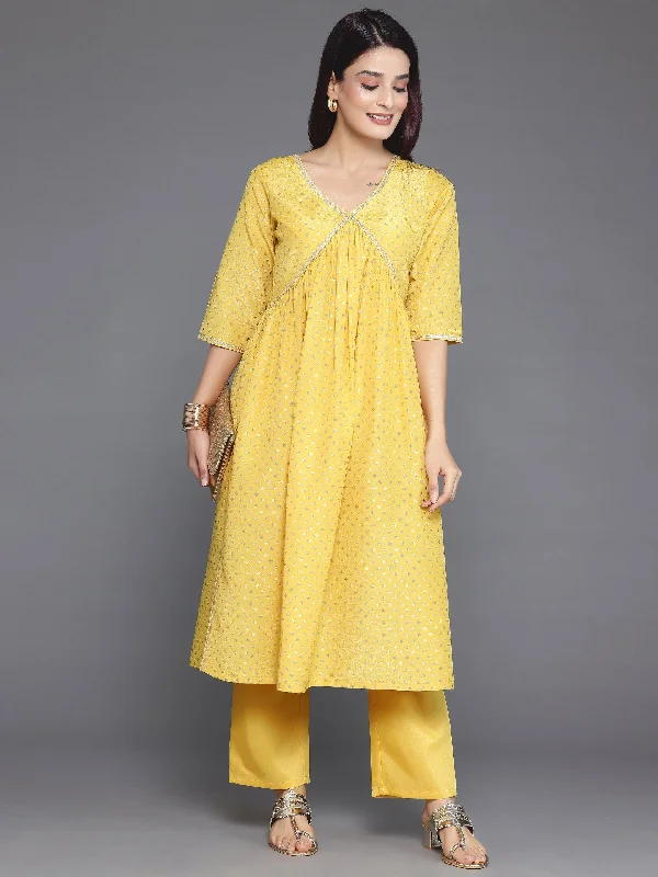 Women's Jumpsuits with Shirt CollarYellow Woven Design Silk Blend A-Line Kurta With Trousers