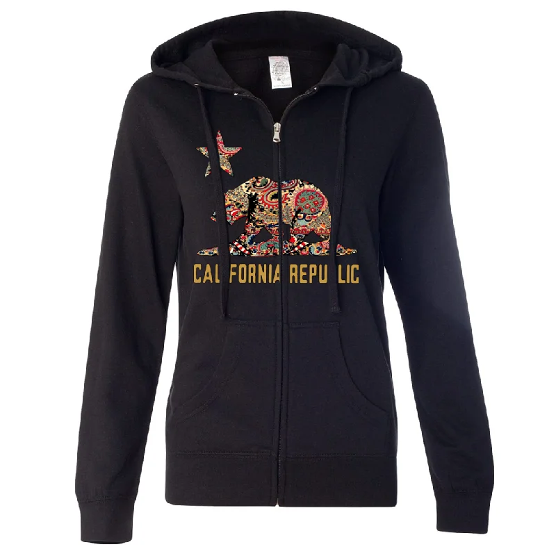 Women's Hooded Sweatshirts with Linen LiningCalifornia Republic Paisley Bear Ladies Lightweight Fitted Zip-Up Hoodie