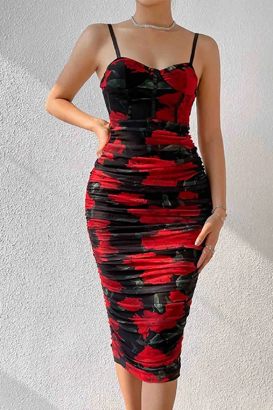 Women's Narrow Collar DressesFloral Printed Rushed Bodycon Cami Dress