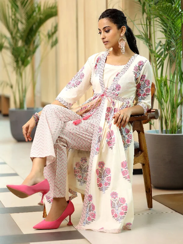 Women's Jumpsuits with Notched CollarOff white Printed Cotton Straight Kurta Set