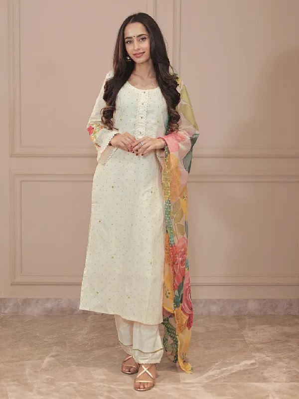 Women's Jumpsuits with Square CollarOff white Printed Cotton Straight Suit With Dupatta