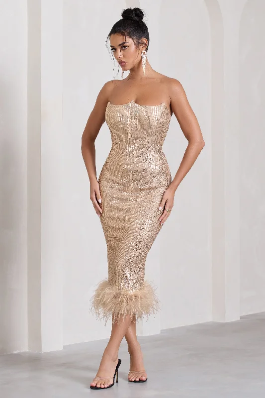 Women's Keyhole-Neck DressesCherie | Champagne Sequin Corset Midi Dress With Feather Trim