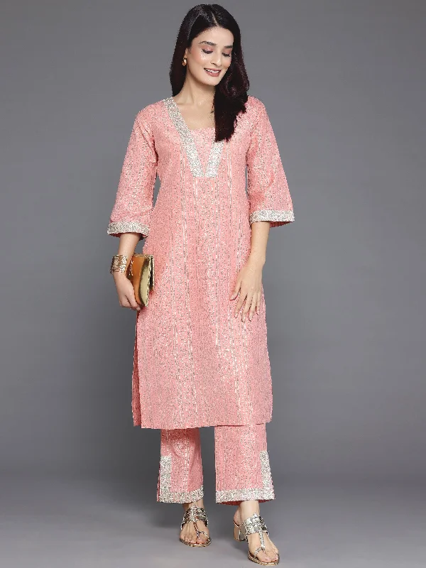 Women's Jumpsuits with Shirt CollarPeach Printed Silk Blend Straight Kurta Set