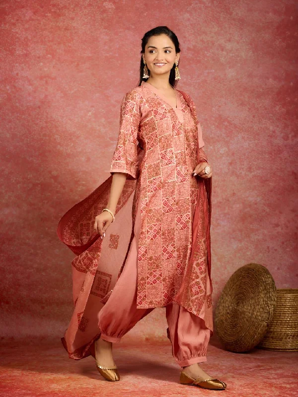 Women's Jumpsuits with Low WaistPeach Printed Silk Blend Straight Suit With Dupatta