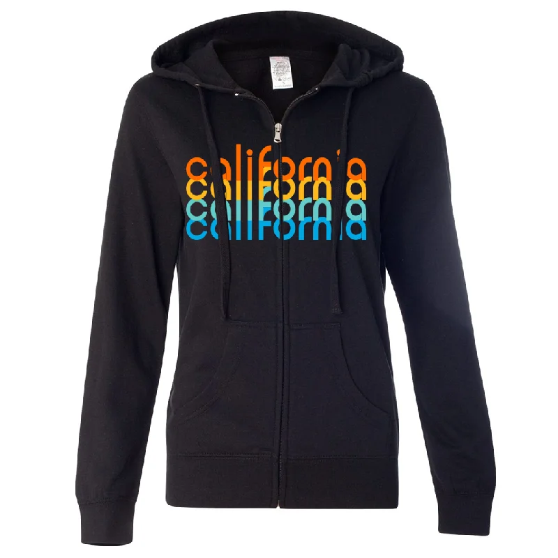 Women's Hooded Sweatshirts with Flap PocketsCalifornia Rainbow Stack Ladies Lightweight Fitted Zip-Up Hoodie