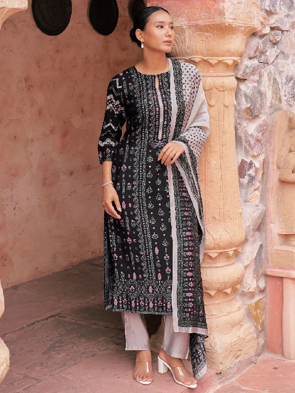 Women's Jumpsuits with CollarBlack Printed Silk Blend Straight Suit With Dupatta