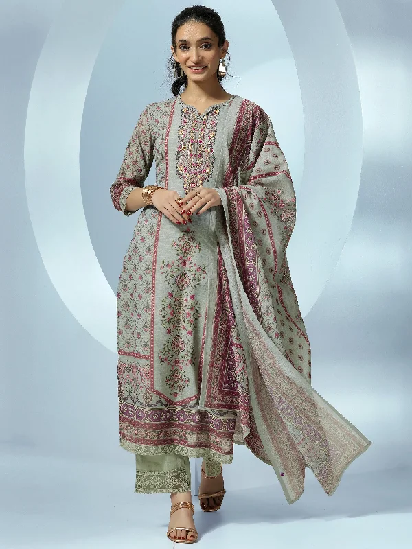 Women's Jumpsuits with Mandarin CollarGrey Printed Linen Straight Suit With Dupatta