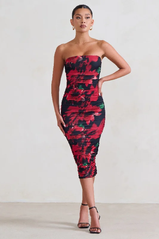 Women's Pleated DressesMy Girl | Black & Red Floral Print Bandeau Bodycon Ruched Mesh Midi Dress